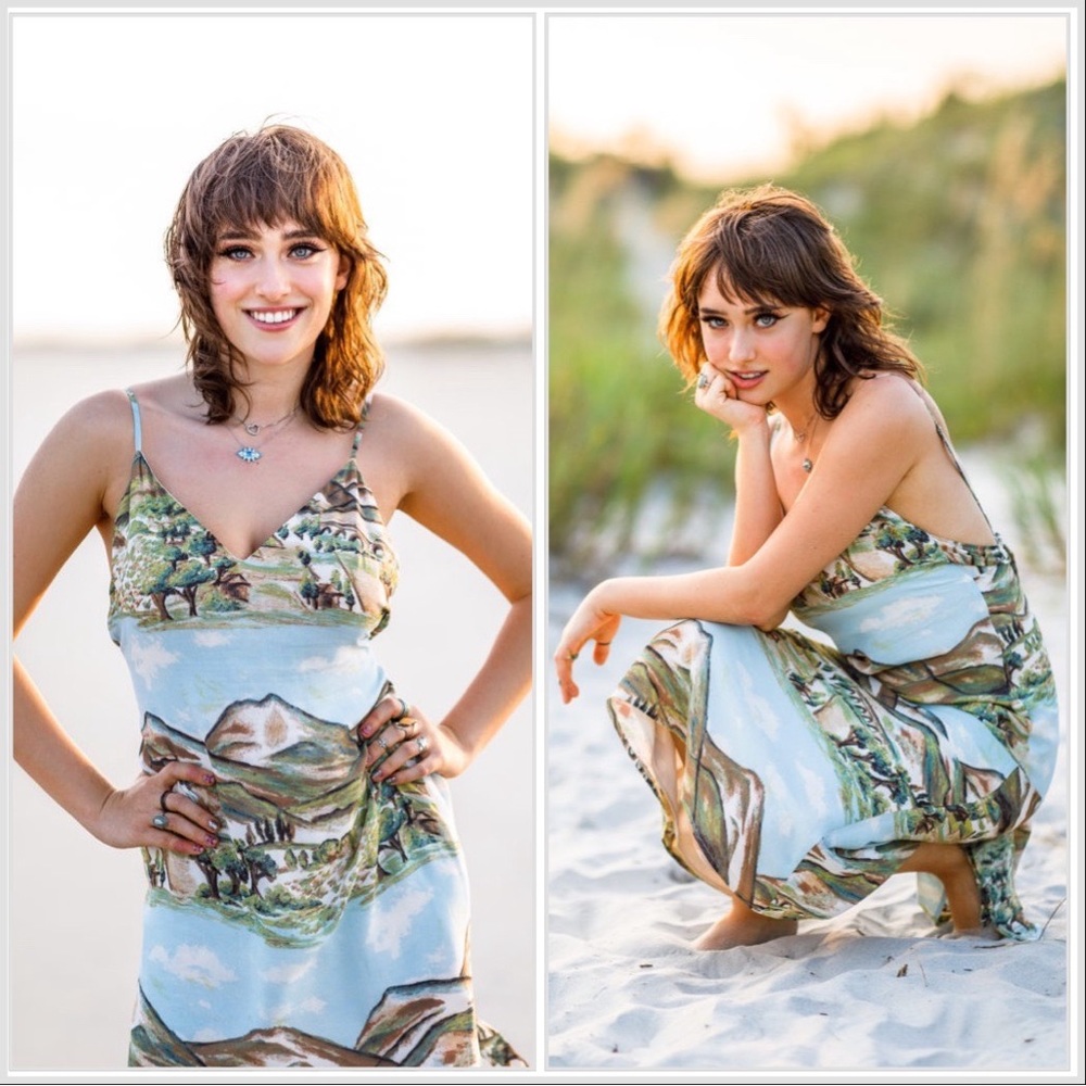 RARE Reformation Dietrich Landscape Mountains Blue Midi Slip Dress sz 2